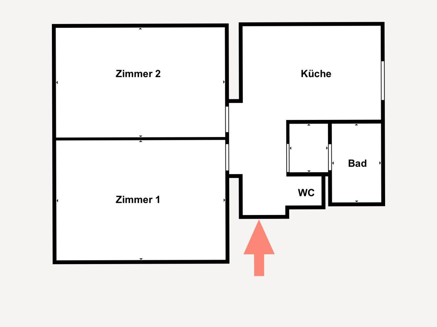 Grundrissplan einer Wohnung mit zwei Zimmern, Küche, Bad und separatem WC.