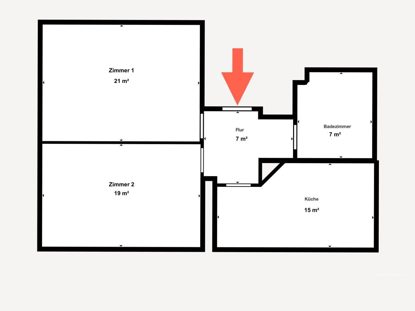 Detaillierter Grundrissplan einer Wohnung mit Flächenangaben für Zimmer, Flur, Bad und Küche.