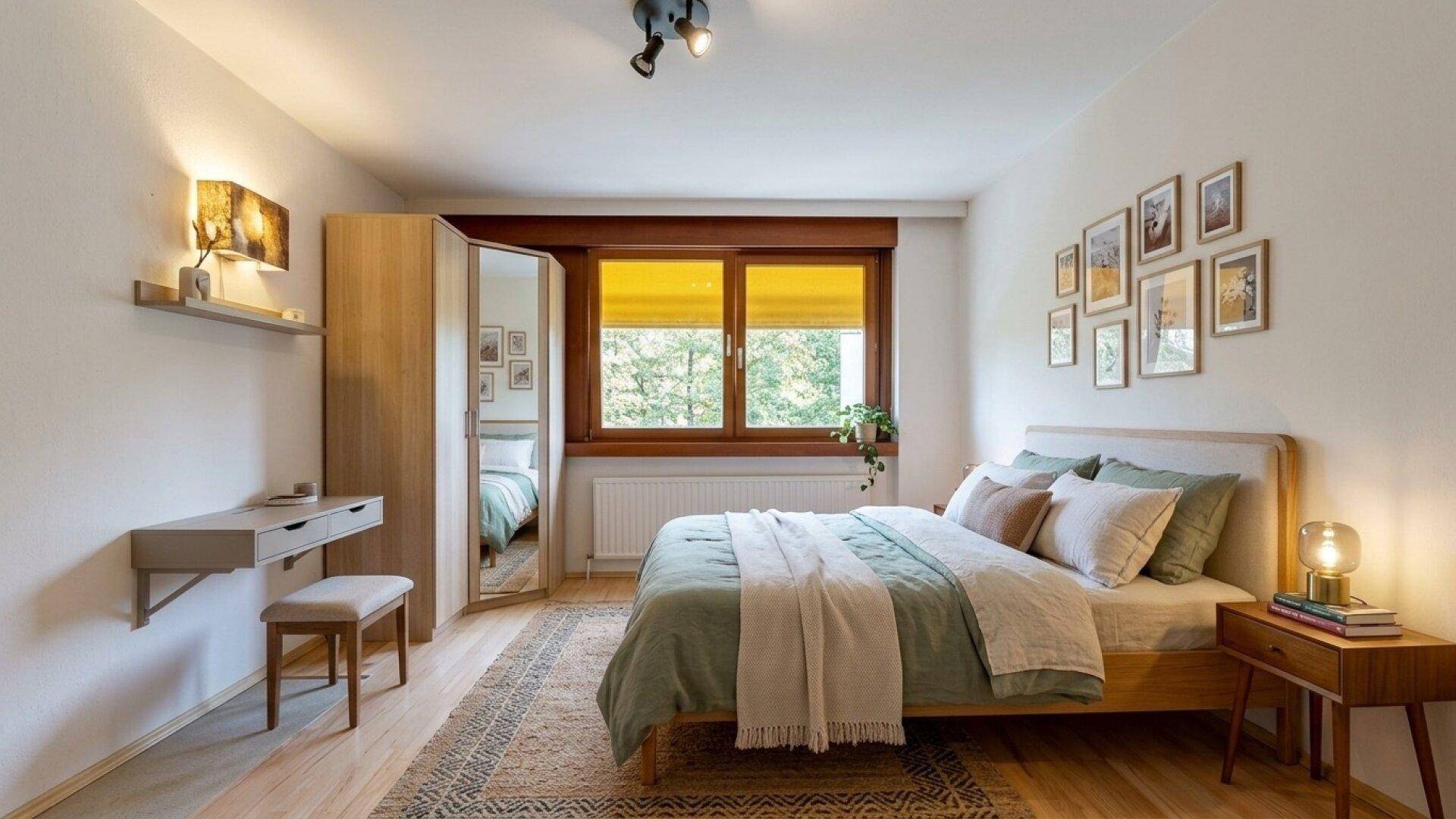 Gemütliches Schlafzimmer mit Doppelbett, Holzmöbeln und Fenster mit gelben Jalousien.