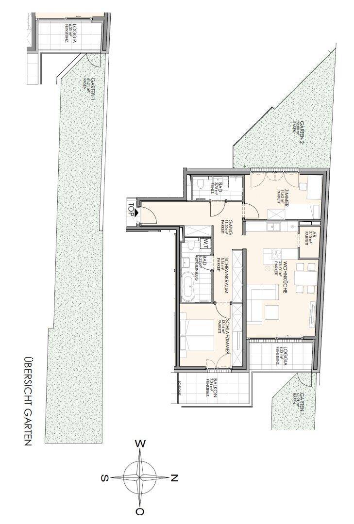 Grundriss einer Wohnung mit offener Wohnküche, zwei Schlafzimmern, zwei Bädern, separatem WC und Zugang zu Balkon, Loggia und Gärten.