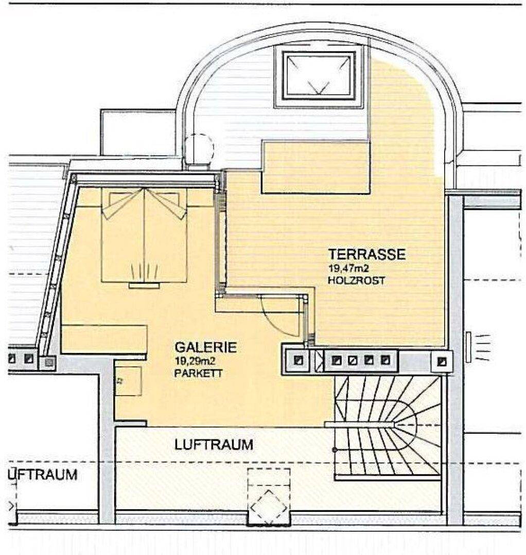 Grundriss des oberen Geschosses mit Galerie, Schlafzimmer und großer Dachterrasse.