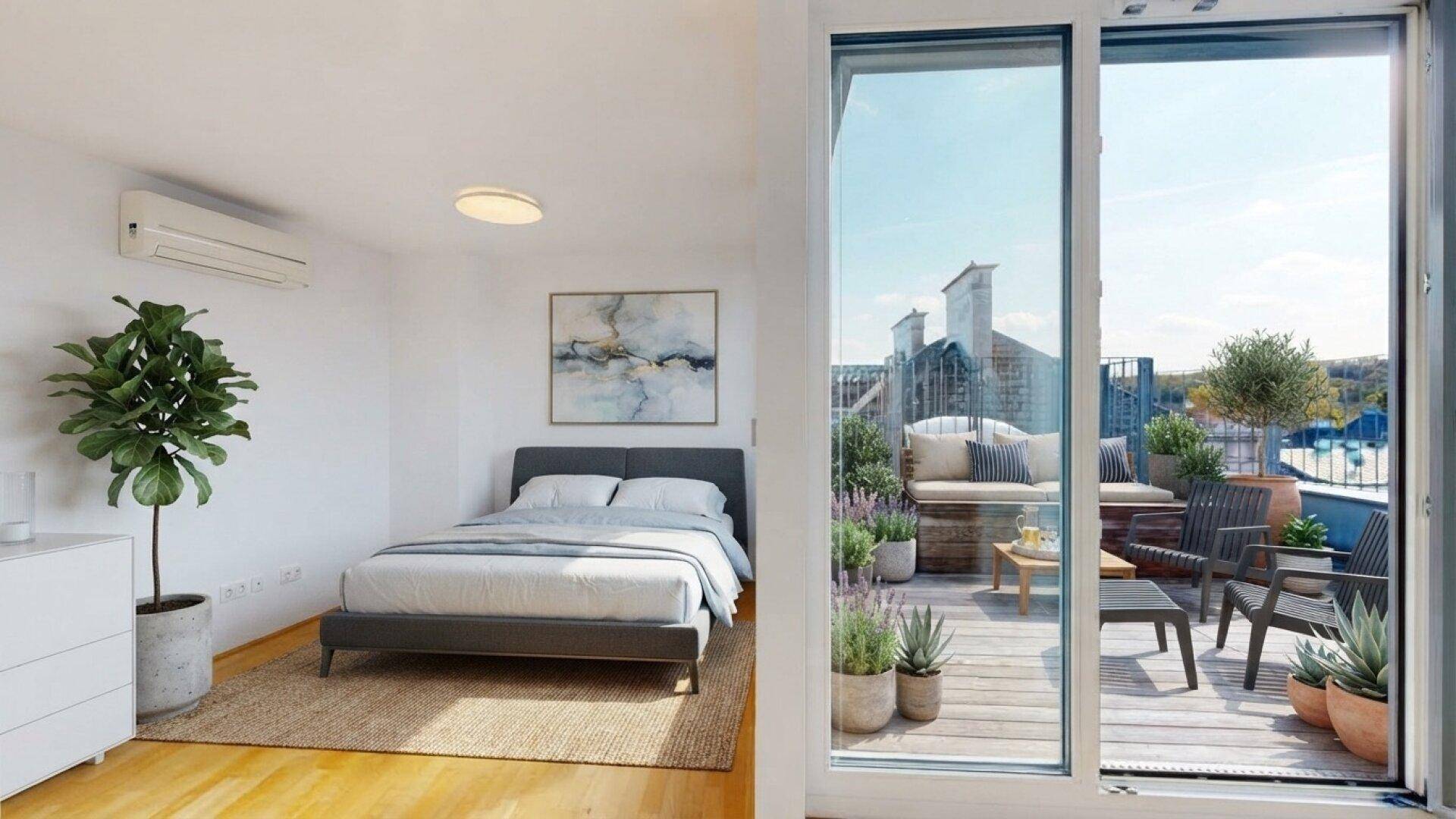 Modernes Schlafzimmer mit Doppelbett, Klimaanlage und direktem Zugang zur sonnigen Dachterrasse.