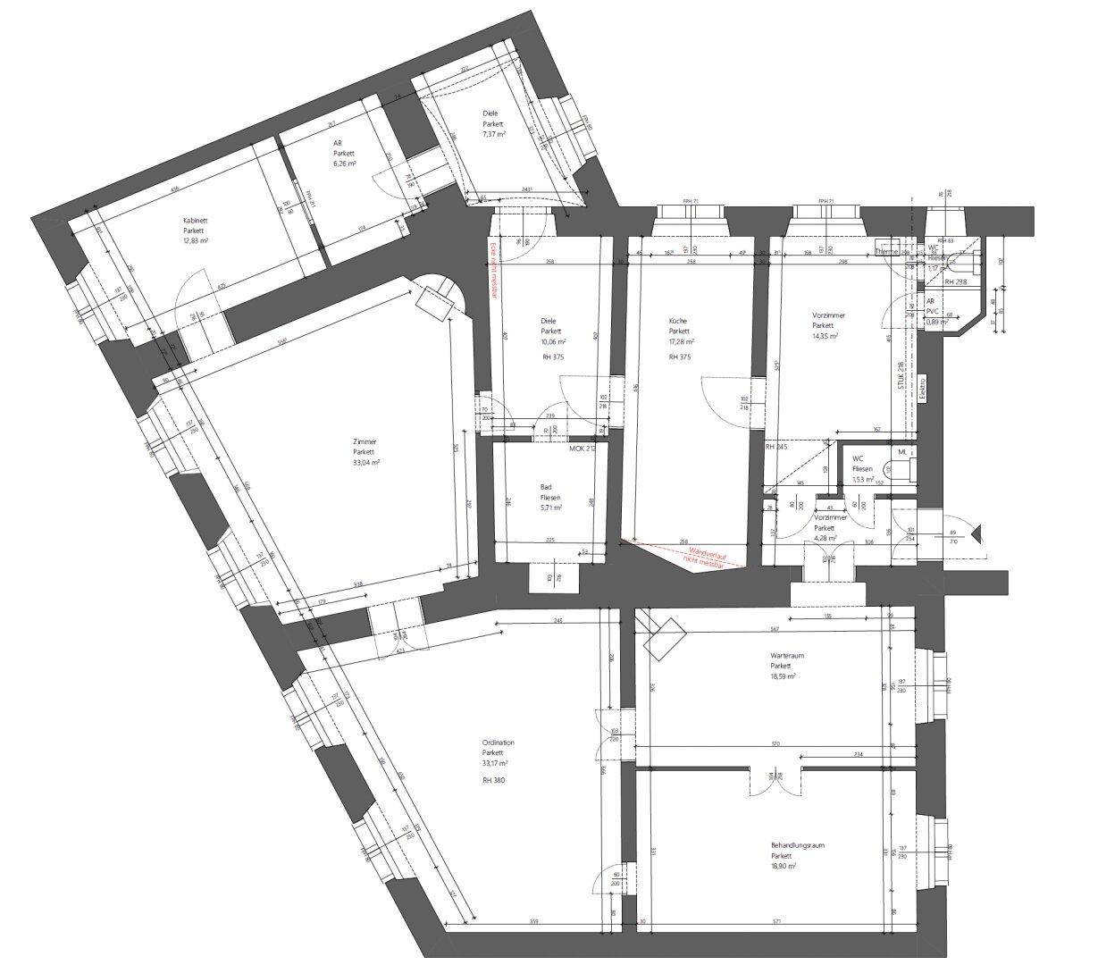 Detaillierter Grundriss einer Wohnung mit mehreren Zimmern und Flächenangaben.
