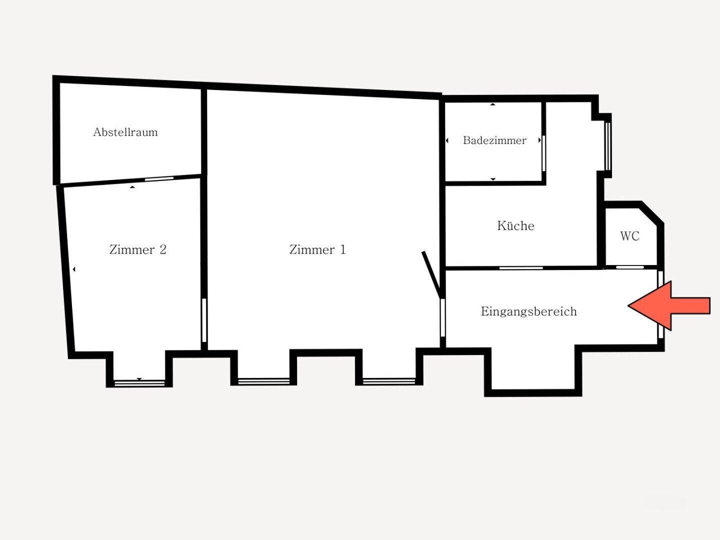 Grundriss der Wohnung mit Abstellraum, zwei Zimmern, Badezimmer, Küche, WC und Eingangsbereich.