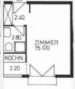 Einfacher Grundriss einer Wohnung mit Zimmer, Küche und Bad.