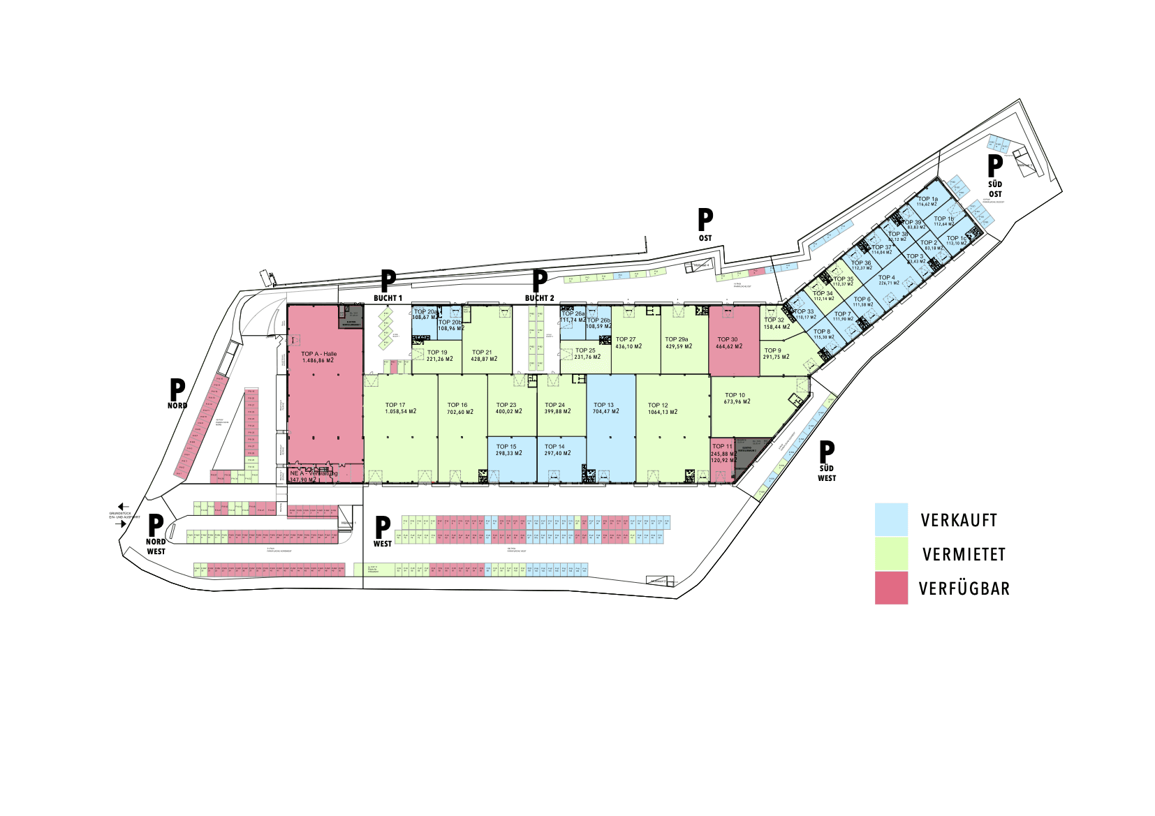 Übersichtlicher Grundriss des Gewerbeparks mit verschiedenen Einheiten und Parkplätzen.