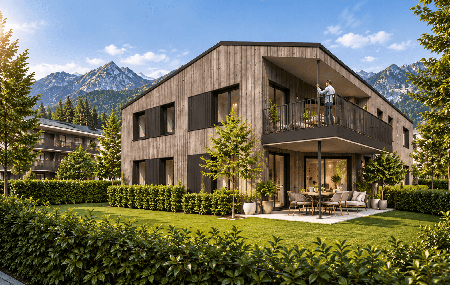Moderne Architektur mit Holzfassade, großem Balkon und möblierter Terrasse, eingebettet in eine grüne Landschaft mit Bergblick.