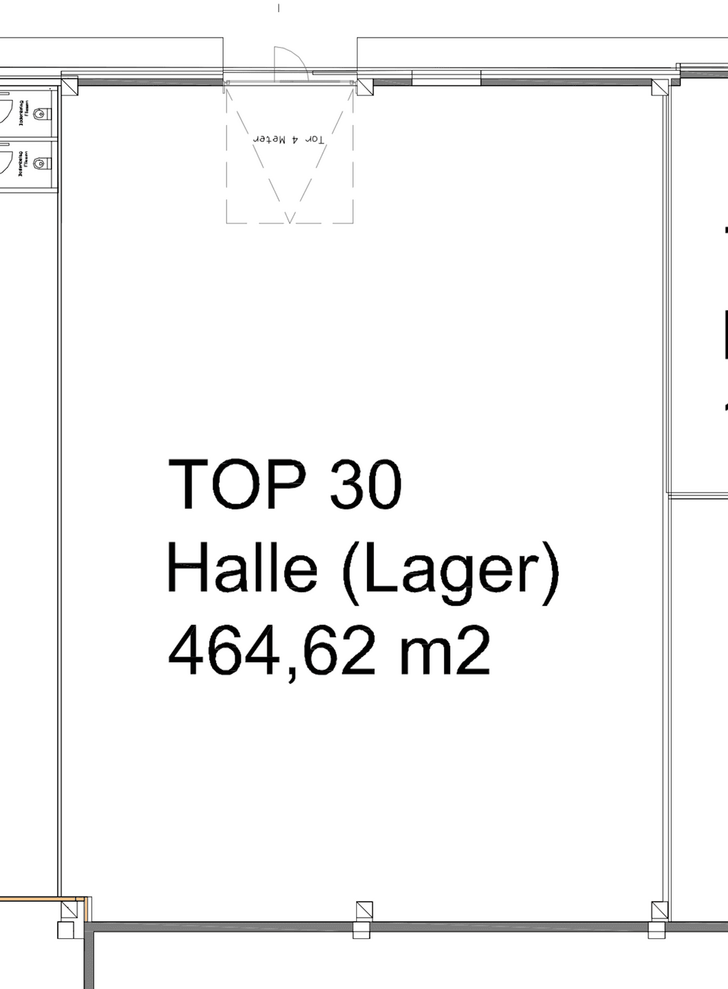 Grundrissplan einer großen Lagerhalle mit 464,62 m² und angrenzenden Sanitärbereichen.