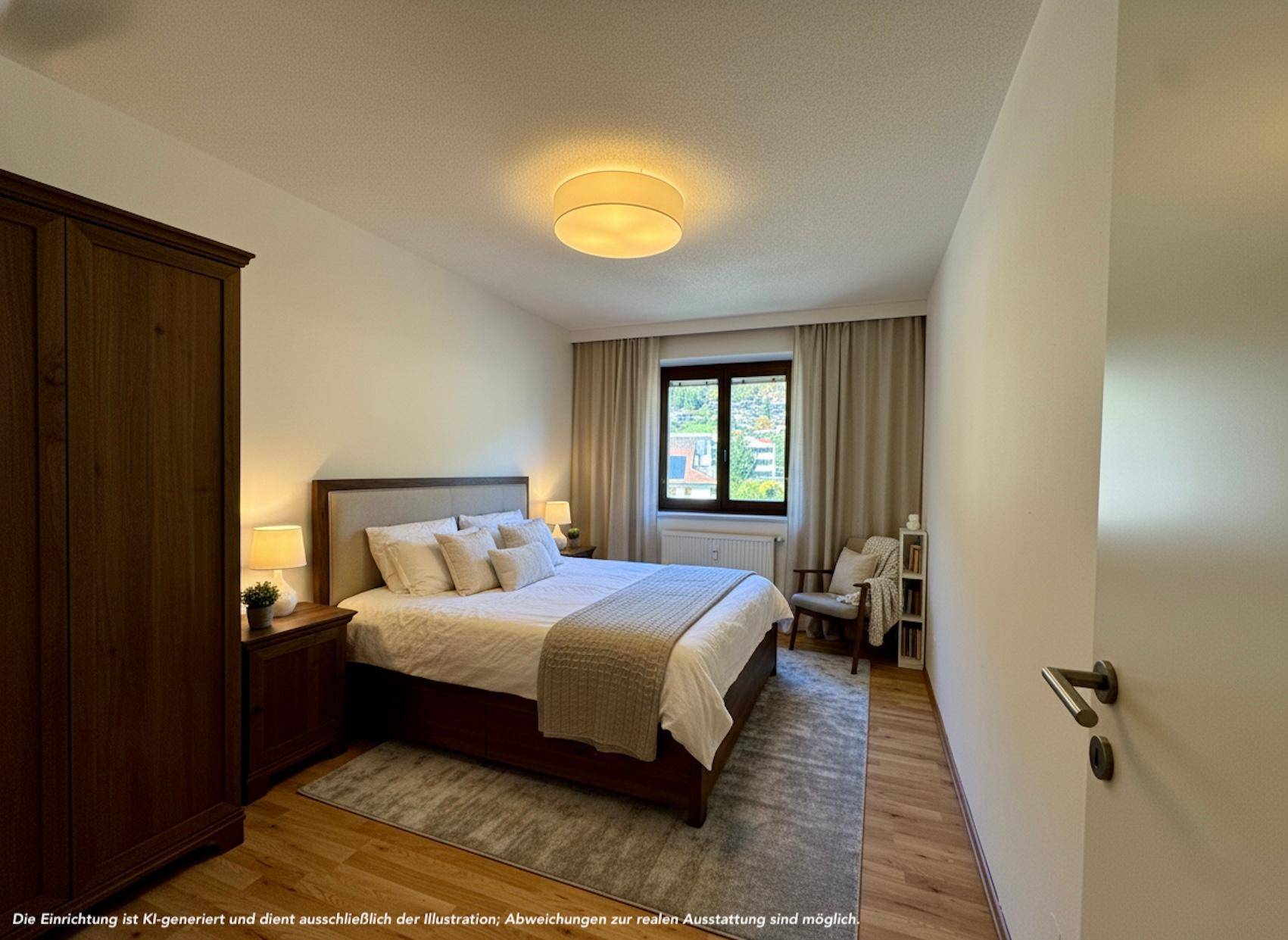 Gemütliches Schlafzimmer mit Doppelbett, Parkettboden und Fenster.