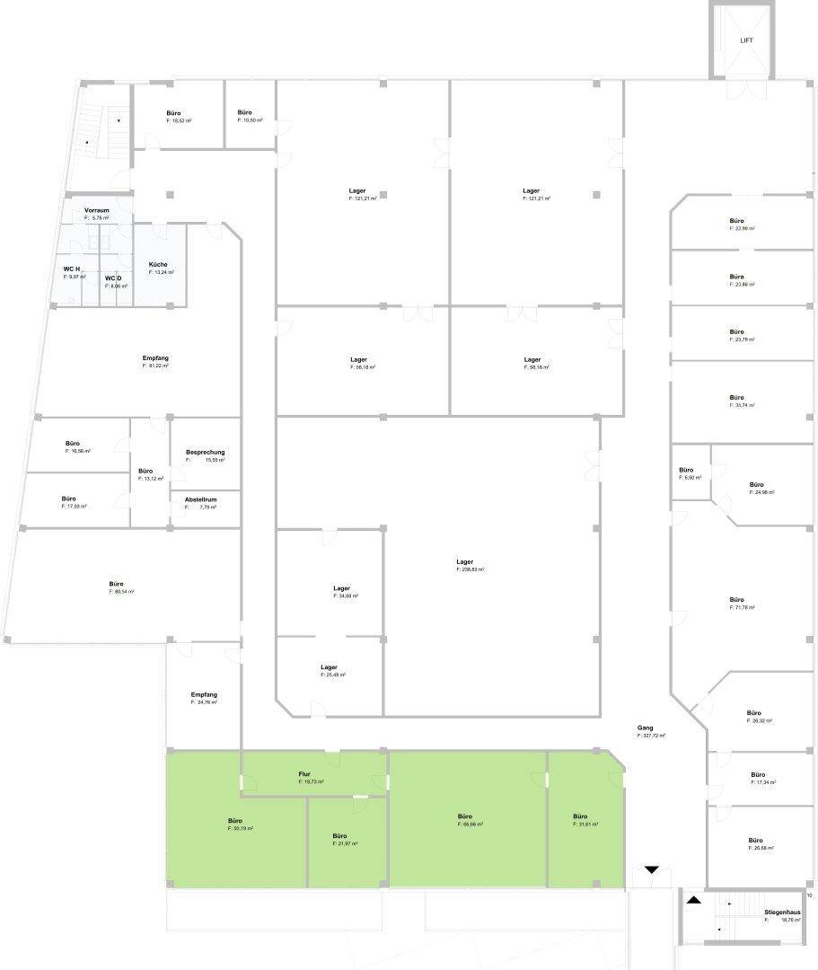 Detaillierter Grundriss eines Büro- und Lagergebäudes mit verschiedenen Räumen, Toiletten und einem Aufzug.