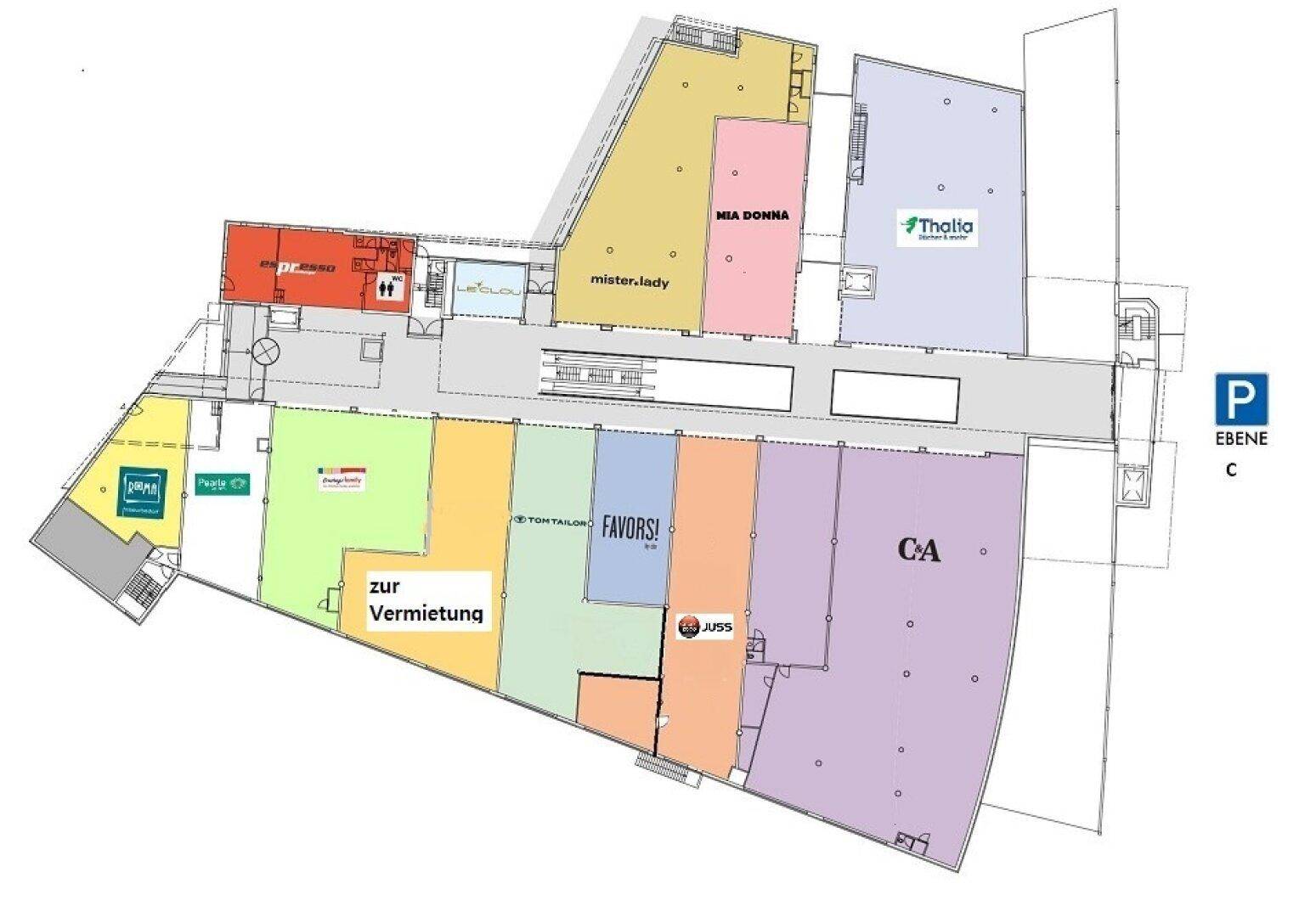 Grundrissplan eines Einkaufszentrums mit verschiedenen Ladenflächen und Parkmöglichkeiten auf Ebene C.