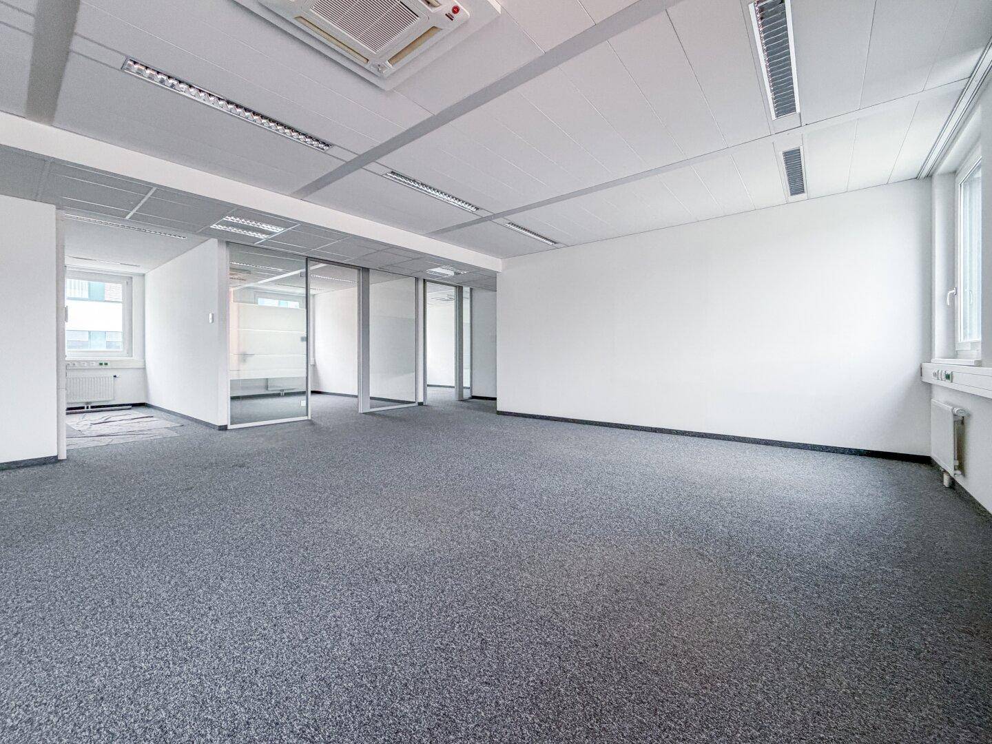 Großes, leeres Büro mit Teppichboden und Glaswänden, die separate Bereiche abtrennen, für moderne Arbeitskonzepte.