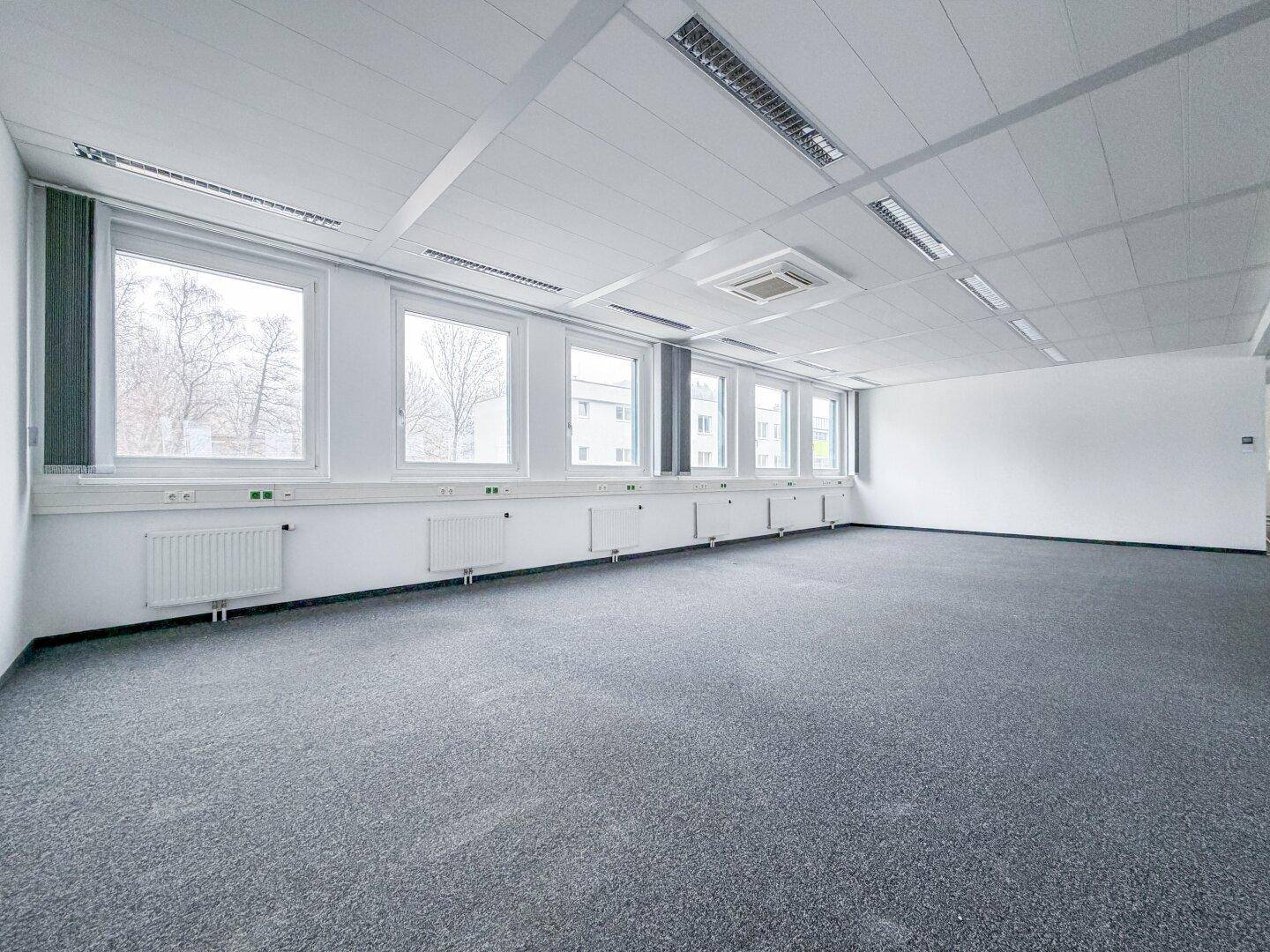 Leerer Büroraum mit vielen Fenstern, die viel Tageslicht hereinlassen, und einem grauen Teppichboden, bereit zur Nutzung.