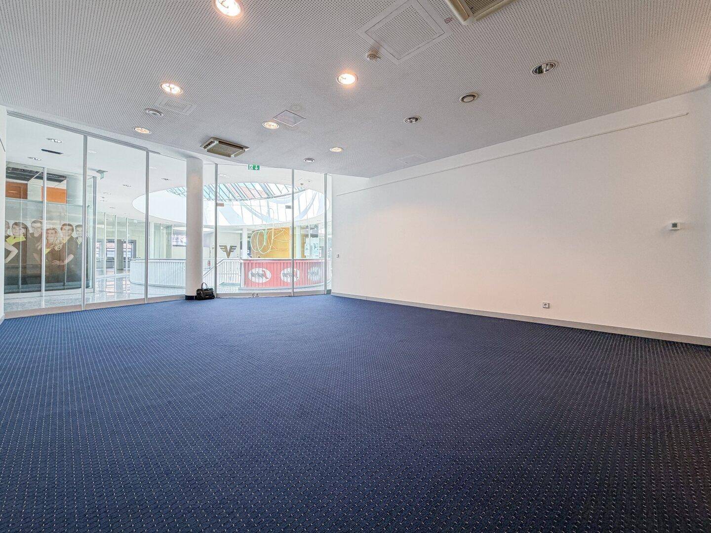 Großer, leerer Büroraum mit blauem Teppichboden und Glasfront zum Atrium, bietet viel Tageslicht.