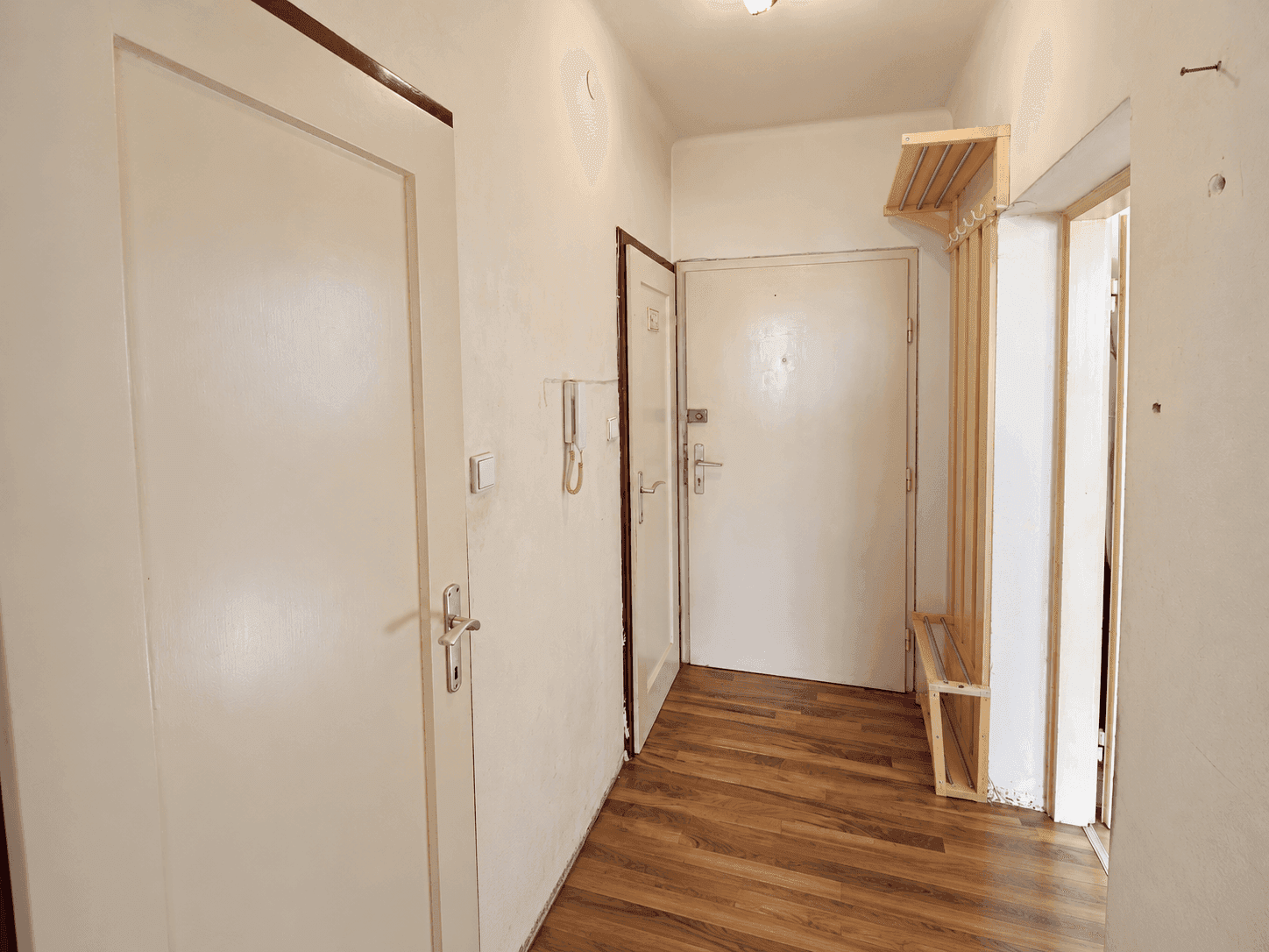 Heller Flur mit Holzboden, Garderobe und mehreren Türen zu den angrenzenden Räumen.