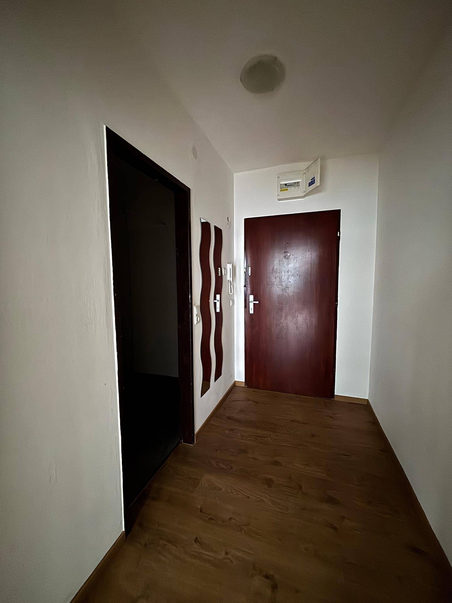 Schmaler Flur mit Holzboden, weißen Wänden und zwei Türen, inklusive Gegensprechanlage.