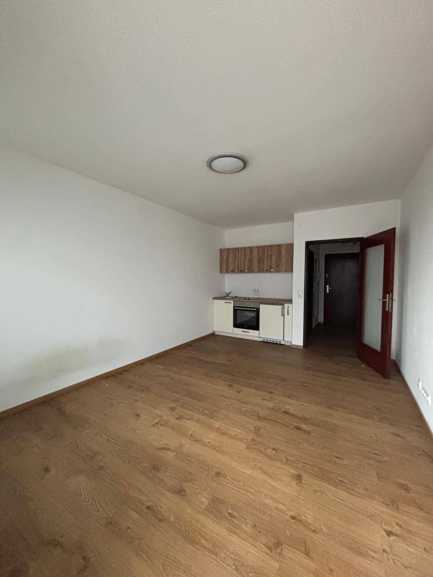 Heller Wohnraum mit Holzboden und integrierter Küchenzeile in einer Ecke.