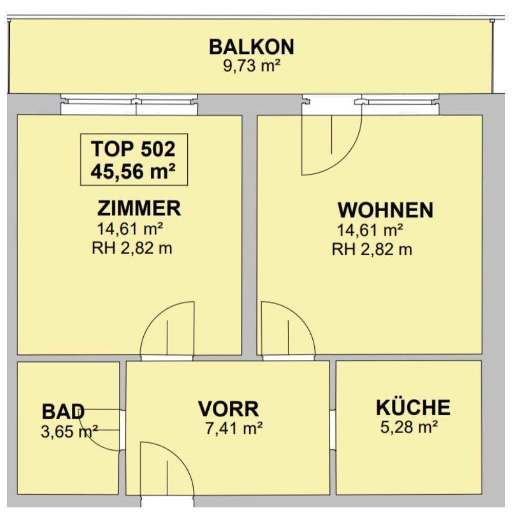 Grundriss der Wohnung TOP 502 mit Balkon, Zimmer, Wohnbereich, Bad, Vorraum und Küche.