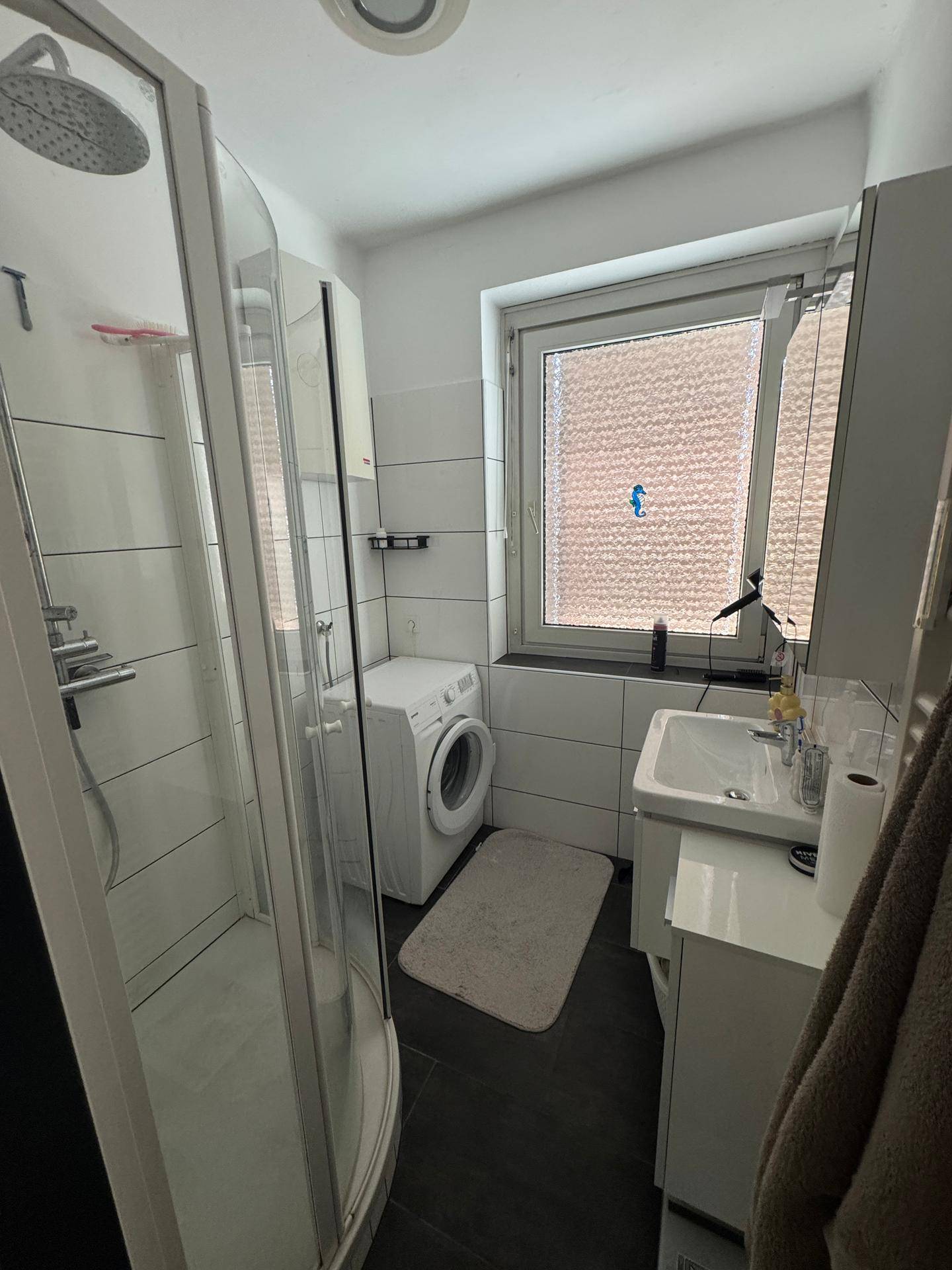 Modernes Badezimmer mit Duschkabine, Waschbecken, Waschmaschine und Fenster.
