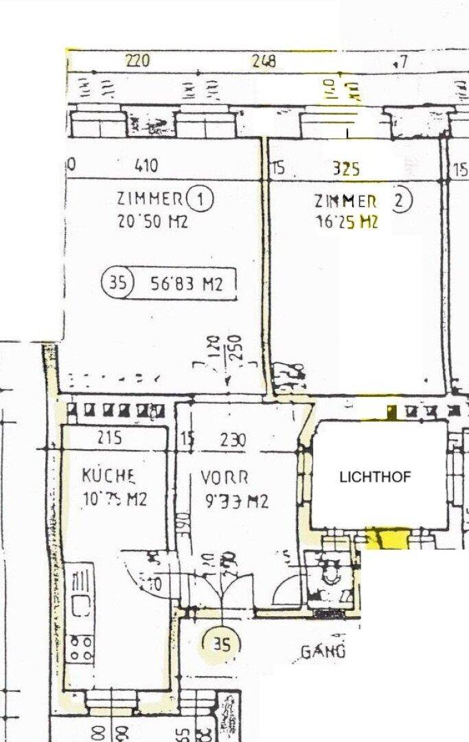 Detaillierter Grundriss mit Zimmern, Küche und Lichthof, inklusive Flächenangaben in Quadratmetern.