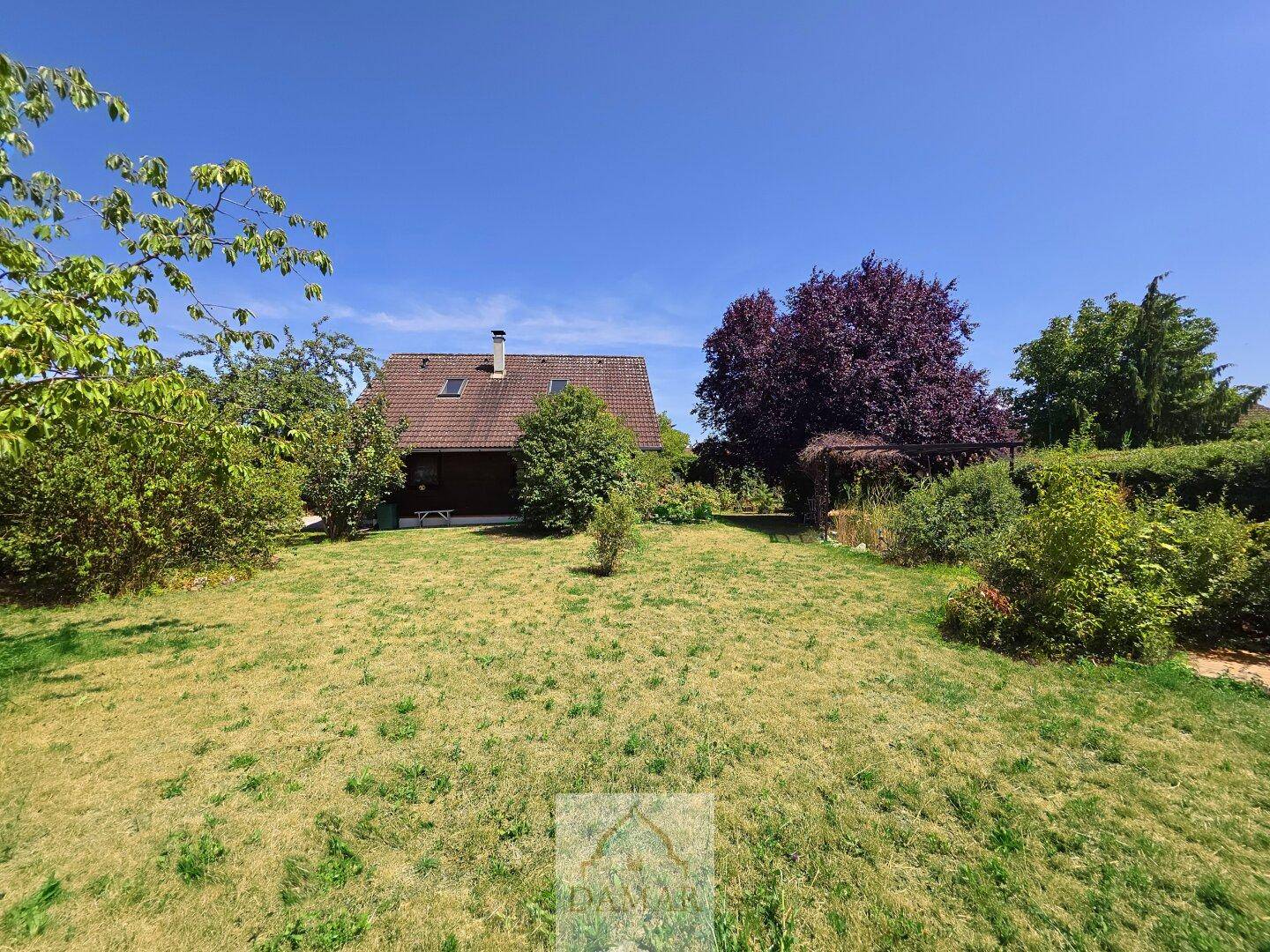 Großer, gepflegter Garten hinter dem Holzhaus mit Rasenfläche und Bäumen.