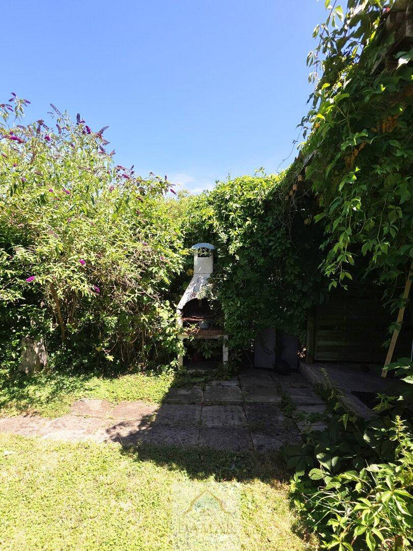 Gemütlicher Grillplatz im Garten, umgeben von üppigem Grün und Kletterpflanzen.