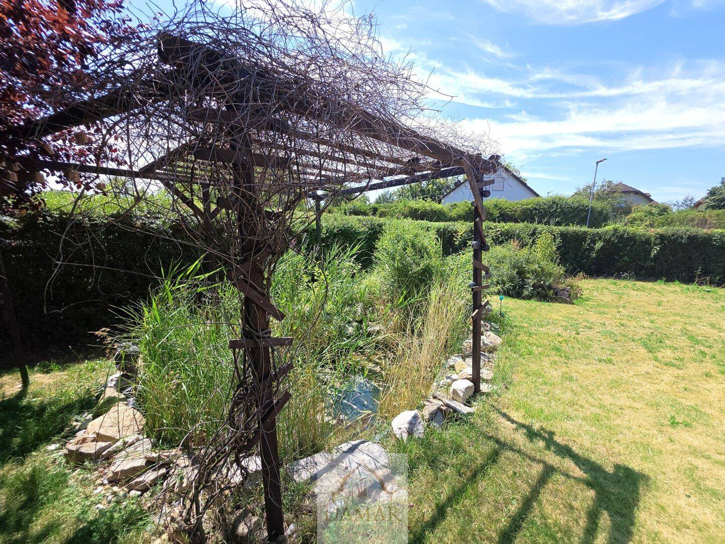 Gartenbereich mit Pergola, kleinem Teich und üppiger Bepflanzung.