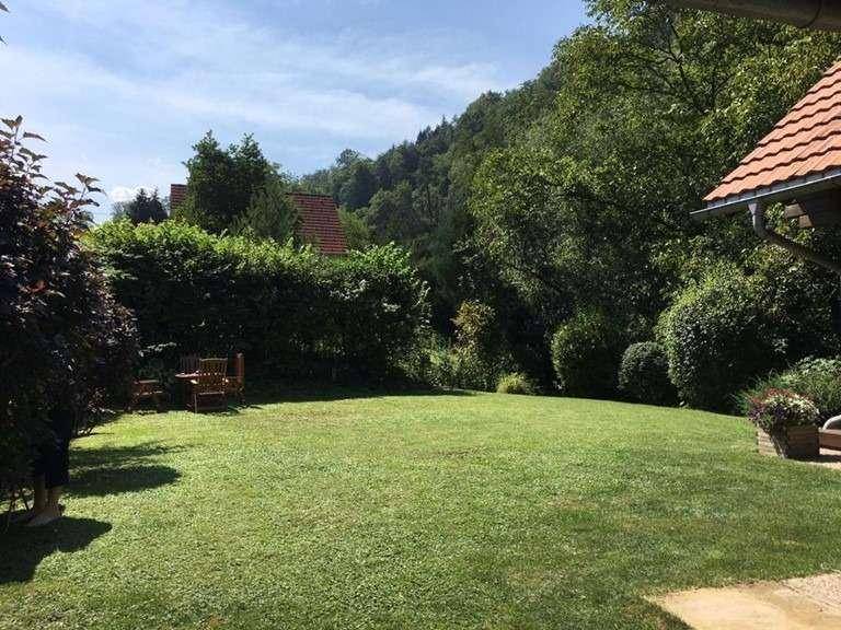 Großer, gepflegter Garten mit Rasenfläche, Hecken und Bäumen, ideal zum Entspannen.