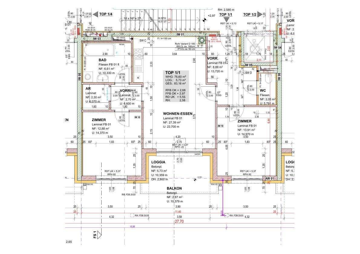 Grundriss einer Wohnung mit Wohn-Essbereich, zwei Zimmern, Bad, WC und Loggia.