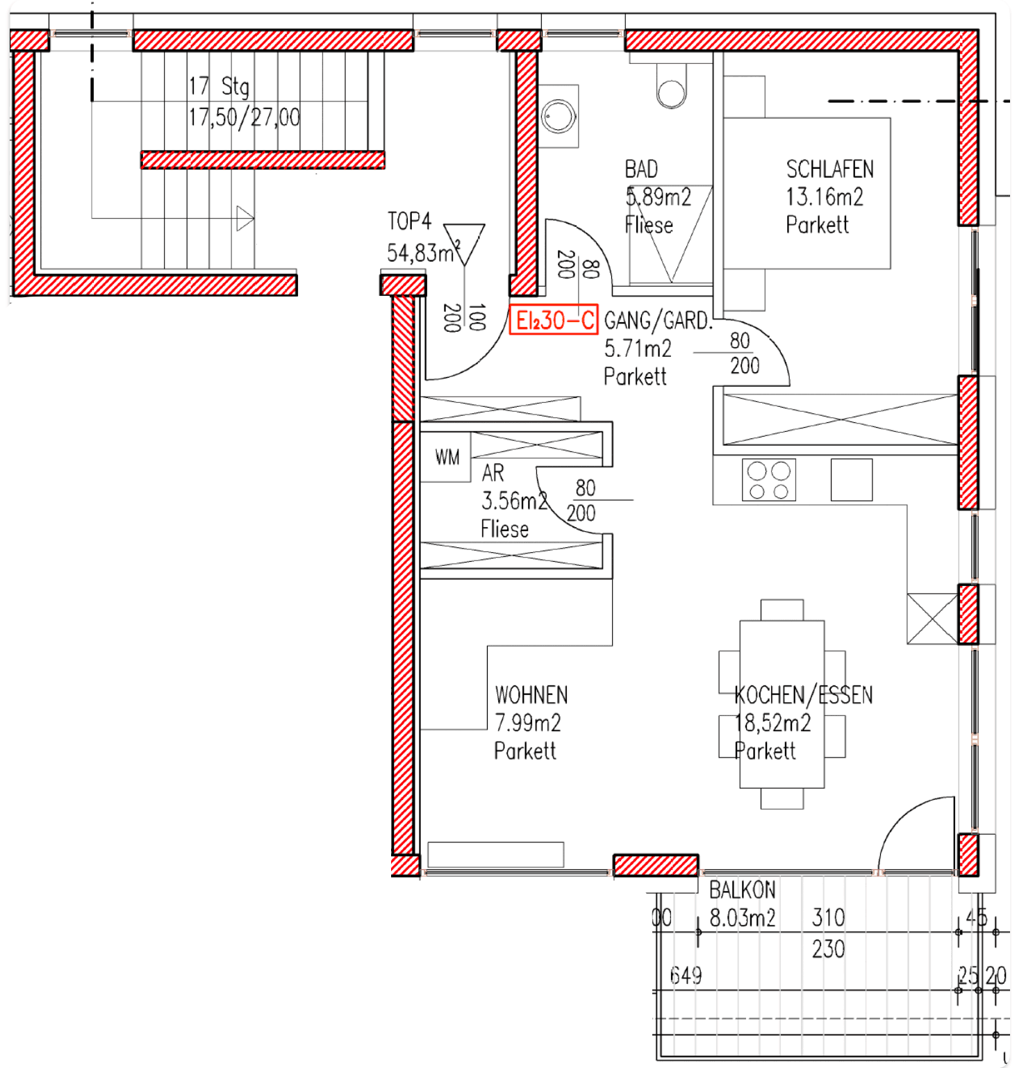 Grundriss der Wohnung mit offenem Wohn-Essbereich, Schlafzimmer, Bad und Balkonzugang.