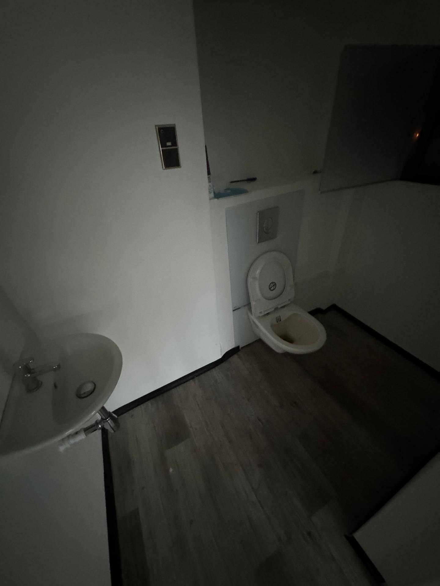 Einfache Toilette mit Waschbecken und wandhängendem WC, ausgestattet mit Vinylboden.