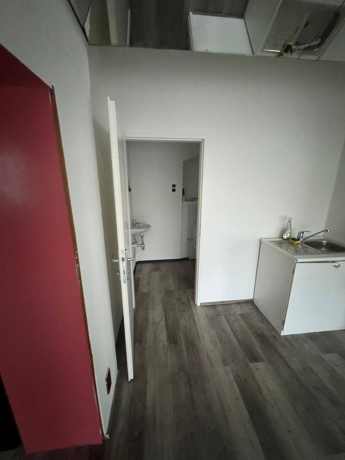 Kleiner Küchenbereich mit Spüle und Zugang zu einer Toilette, ausgestattet mit Vinylboden.