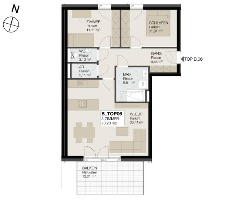 Detaillierter Grundriss einer 3-Zimmer-Wohnung mit Balkon und separatem WC.
