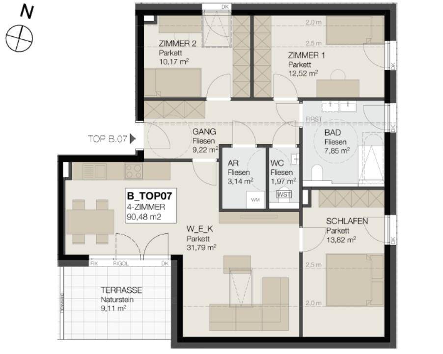 Übersichtlicher Grundriss einer 4-Zimmer-Wohnung im Dachgeschoss mit Terrasse und Parkettböden.