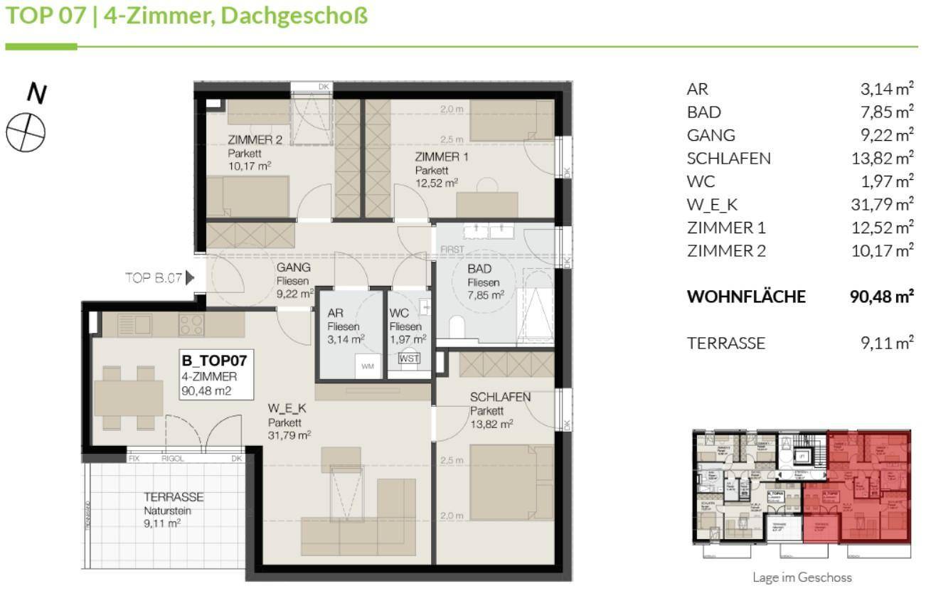 Detaillierter Grundriss des Dachgeschosses mit vier Zimmern und einer Terrasse von 9,11 m².