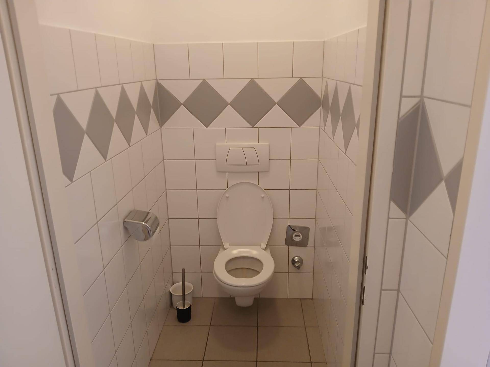 Toilettenkabine mit weiß-grau gefliesten Wänden und einer wandhängenden Toilette.