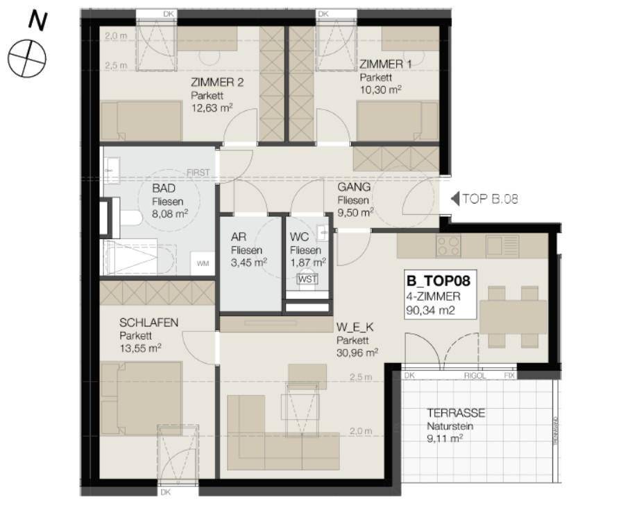 Detaillierter Grundriss einer modernen 4-Zimmer-Wohnung mit Terrasse.