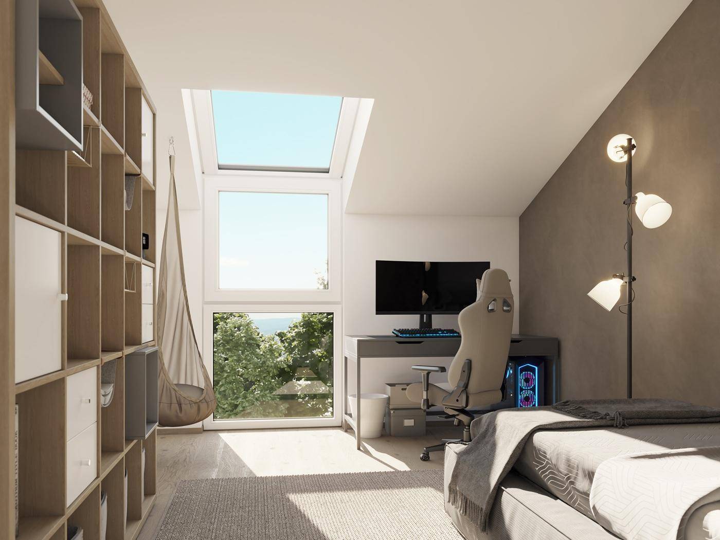 Helles Schlafzimmer im Dachgeschoss mit großen Fenstern, Schreibtisch und Blick ins Grüne.