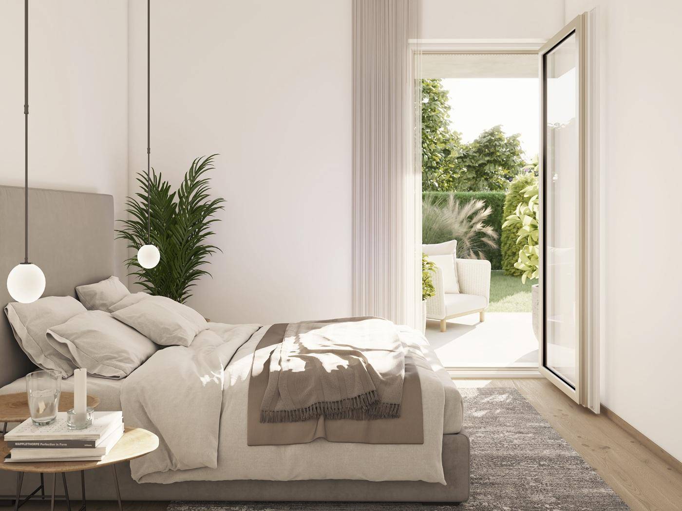 Helles Schlafzimmer mit modernem Bett, Holzboden und direktem Zugang zur Terrasse.