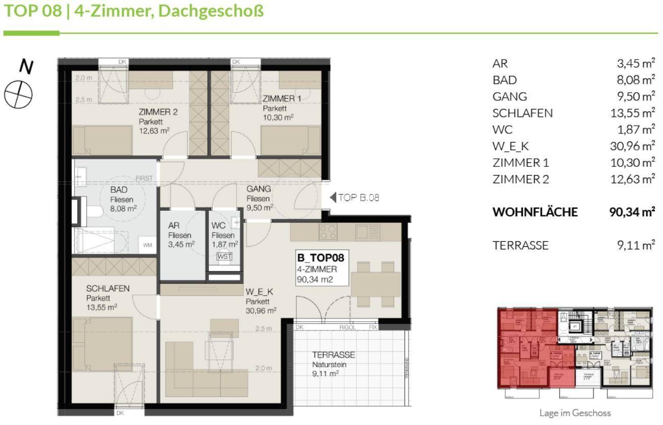 Grundriss einer 4-Zimmer-Wohnung im Dachgeschoss mit Terrasse.