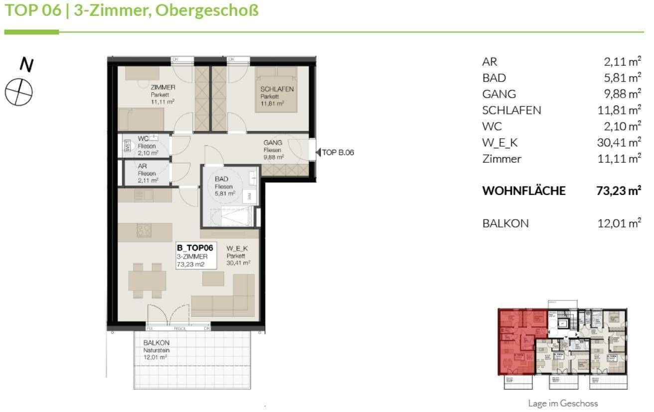 Grundriss einer 3-Zimmer-Wohnung im Obergeschoss mit Balkon und offenem Wohnbereich.