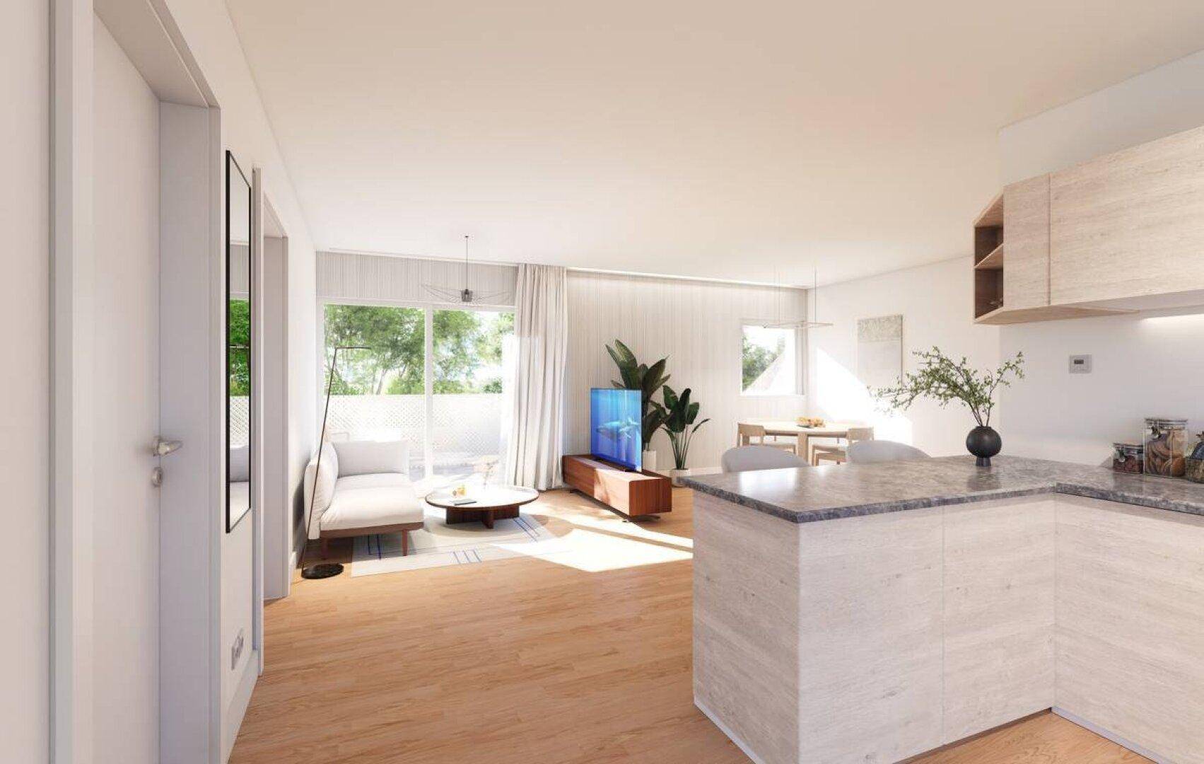 Offener Wohn- und Essbereich mit integrierter Küche, Holzboden und Zugang zu einem Balkon.
