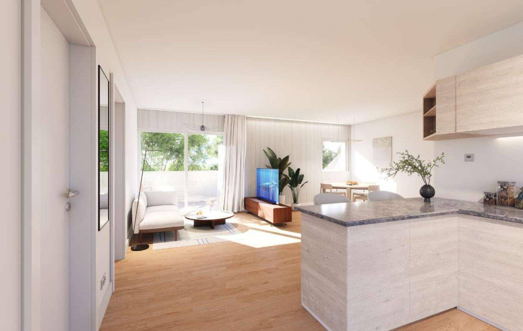 Heller offener Wohn-Essbereich mit moderner Küche, Granitarbeitsplatte und Zugang zum Balkon.
