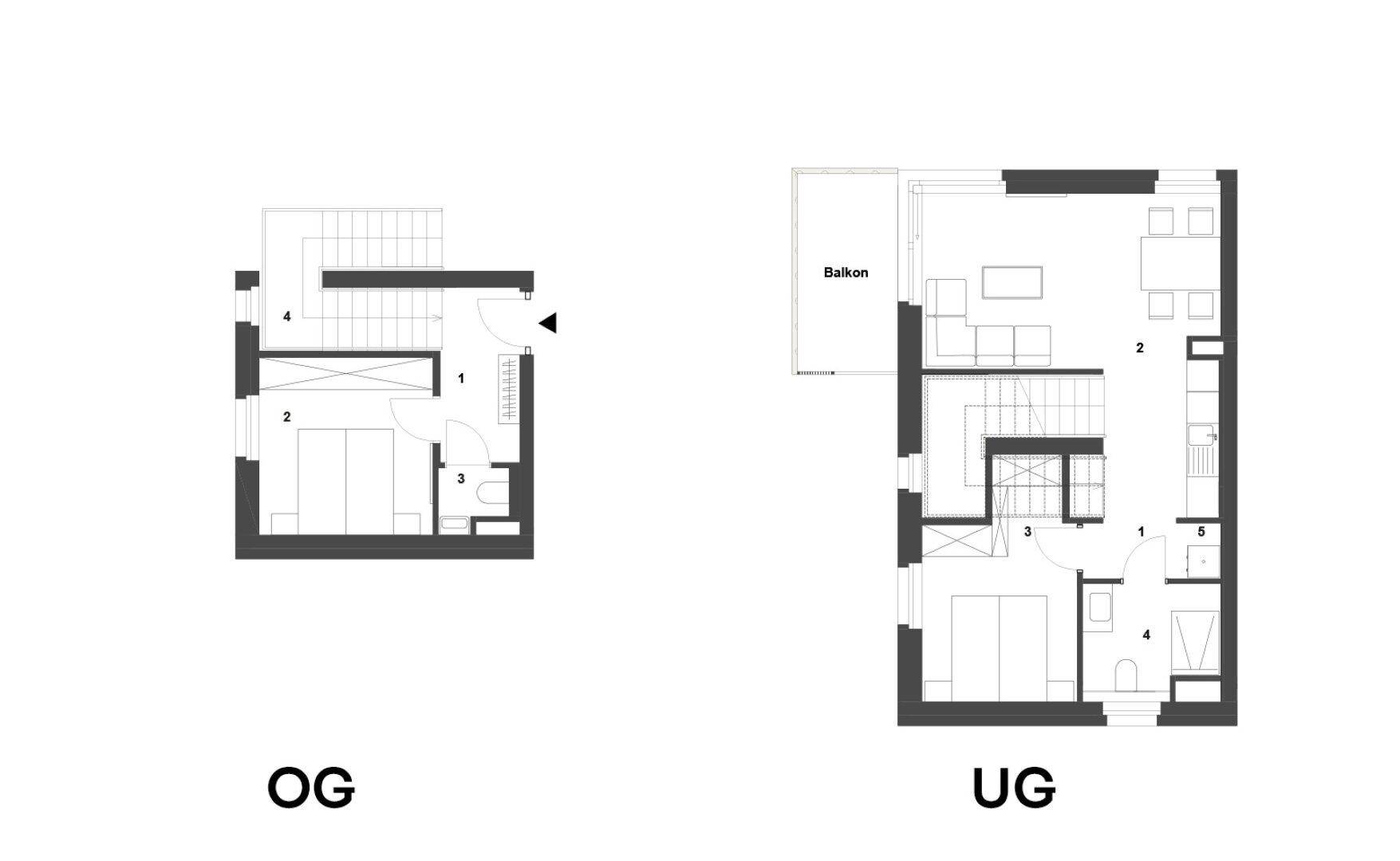Grundrisse für Ober- und Untergeschoss mit Balkon und Raumaufteilung.