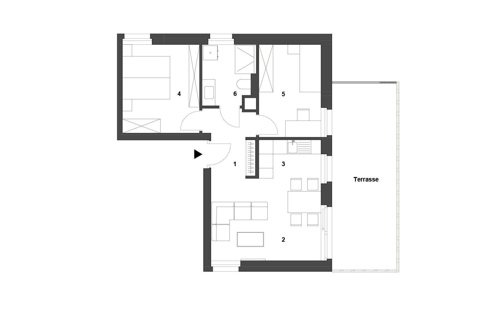 Grundriss einer Wohnung mit offenem Wohnbereich, zwei Schlafzimmern und großer Terrasse.