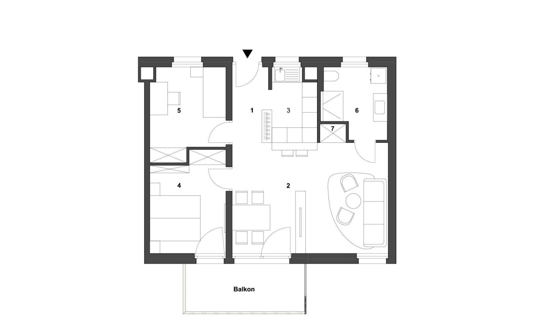 Grundriss einer Wohnung mit Balkon, offenem Wohnbereich und mehreren Zimmern.