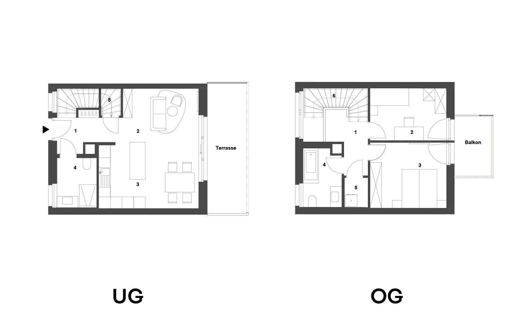 Grundrisse für Untergeschoss (UG) und Obergeschoss (OG) mit Terrasse und Balkon.