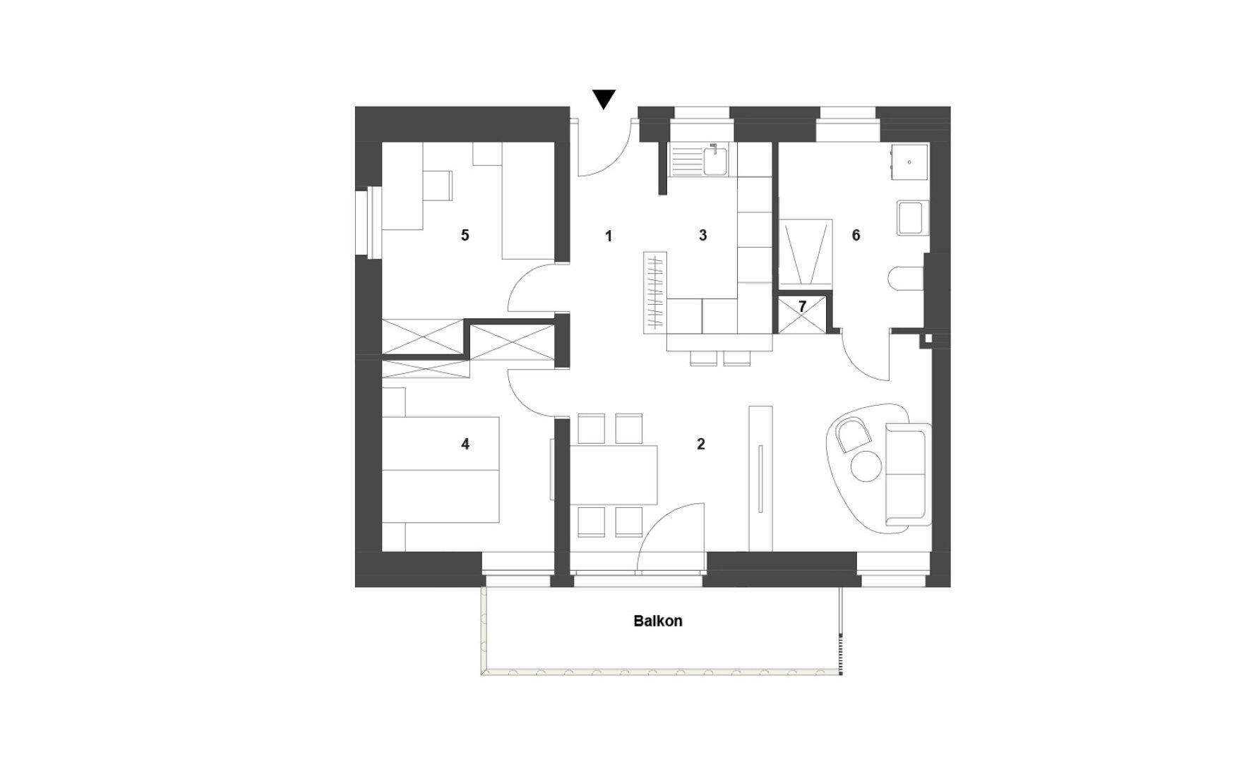 Grundriss einer Wohnung mit zwei Schlafzimmern, offenem Wohnbereich und Balkon.