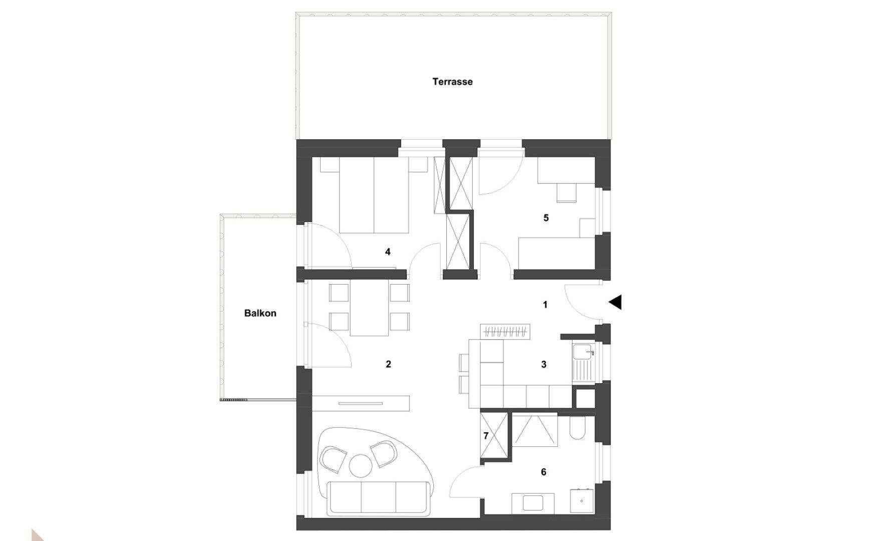 Grundriss einer Wohnung mit offenem Wohnbereich, separatem Schlafzimmer, Terrasse und Balkon.