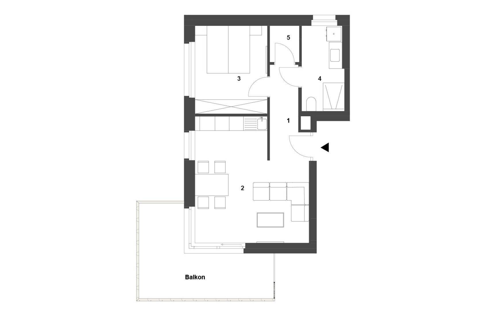 Grundriss einer Wohnung mit einem Schlafzimmer, offenem Wohnbereich und Balkon.